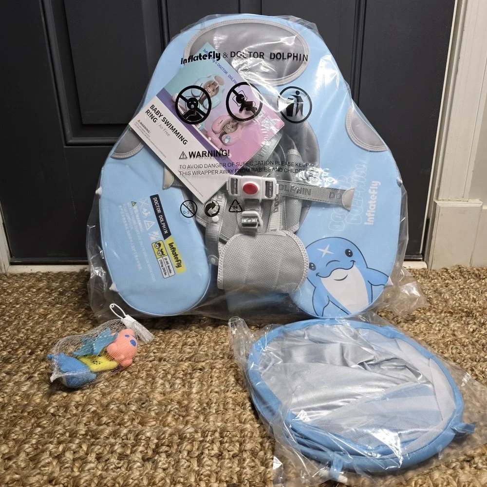 Doctor Dolphin Baby Swimming Ring Air-Free w/ Canopy & Safety Harness 3–24M NEW